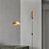 Adjustable Modern Swing Arm Wall Sconce with Dome Shade and Wooden Bracket Plug In Light