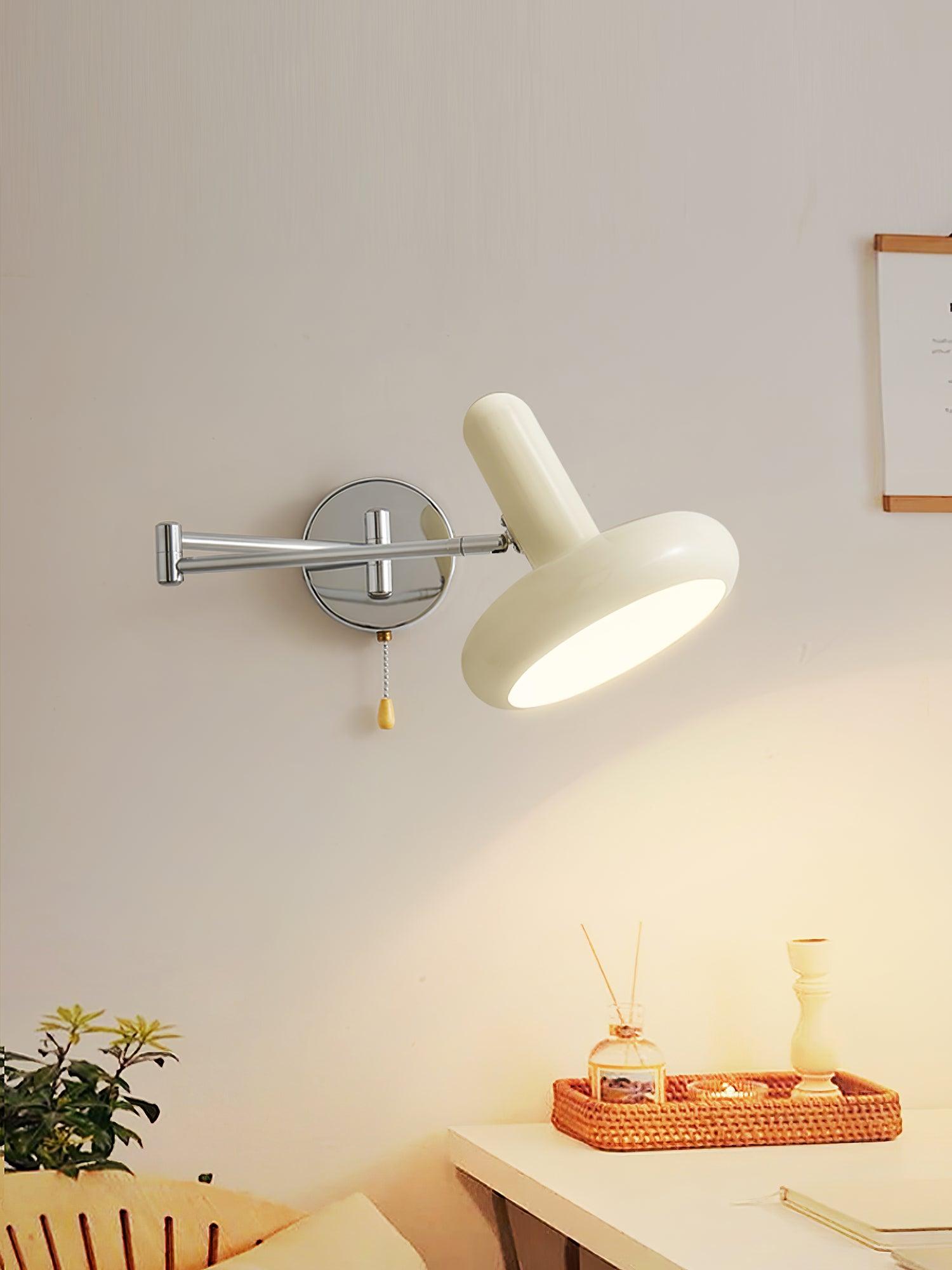 Adjustable Swing Arm Rocker Wall Lamp Sconce with Cream Shade for Interior Reading and Bedroom Lighting