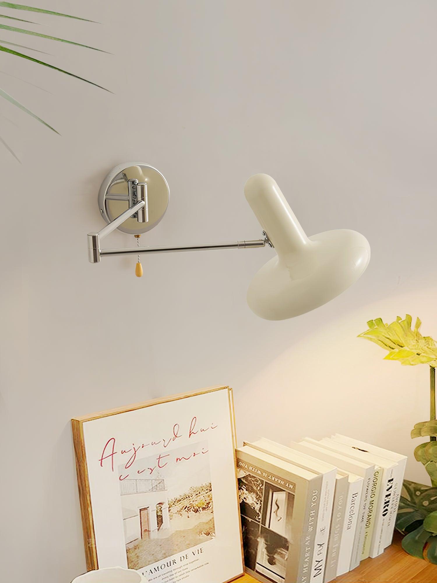 Adjustable Swing Arm Rocker Wall Lamp Sconce with Cream Shade for Interior Reading and Bedroom Lighting