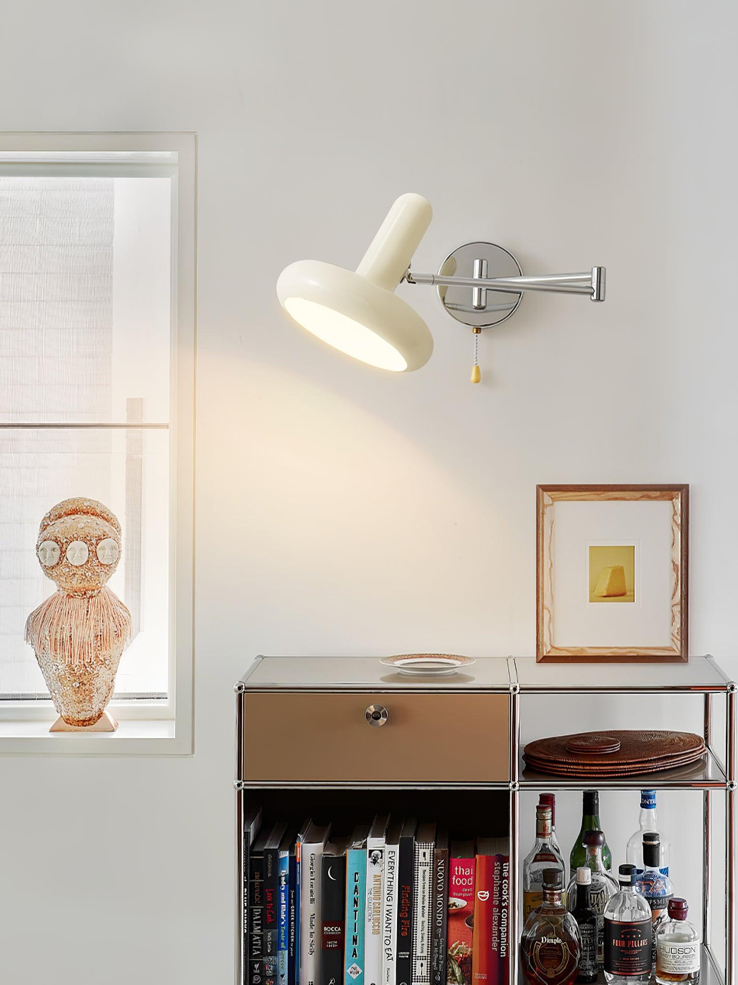 Adjustable Swing Arm Rocker Wall Lamp Sconce with Cream Shade for Interior Reading and Bedroom Lighting