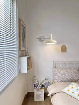 Adjustable Swing Arm Rocker Wall Lamp Sconce with Cream Shade for Interior Reading and Bedroom Lighting