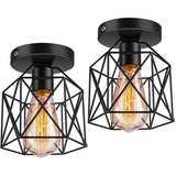 Traditional Black Metal Wire Frame Lantern Outdoor Flush Mount LED Ceiling Light