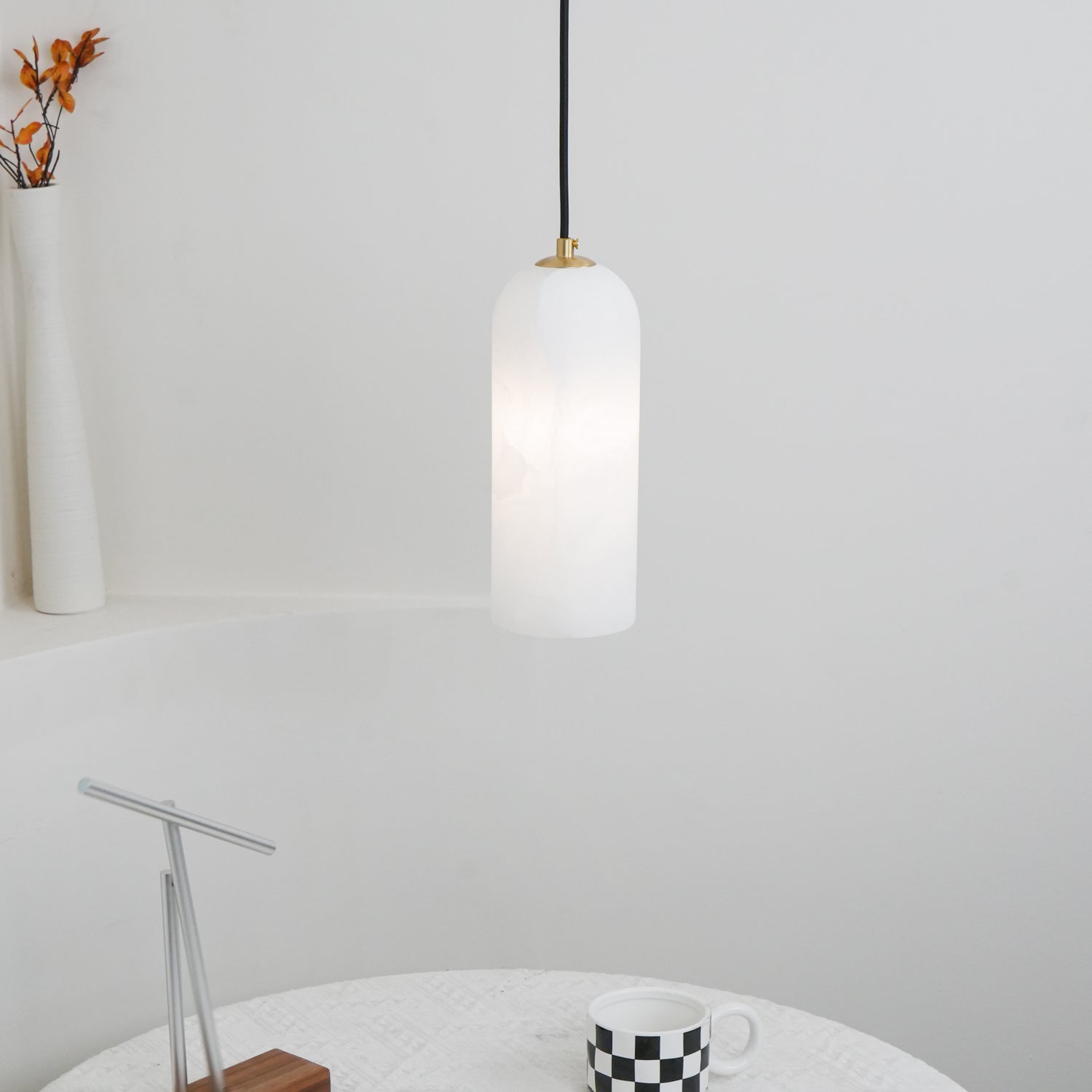 Alabaster Pendant Light Mid Century Modern Brass Hanging Lamp for Kitchen Island Foyer