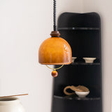 Amber Glass Dome Pendant Light with Walnut Wood Detail and Retractable Elastic Cord