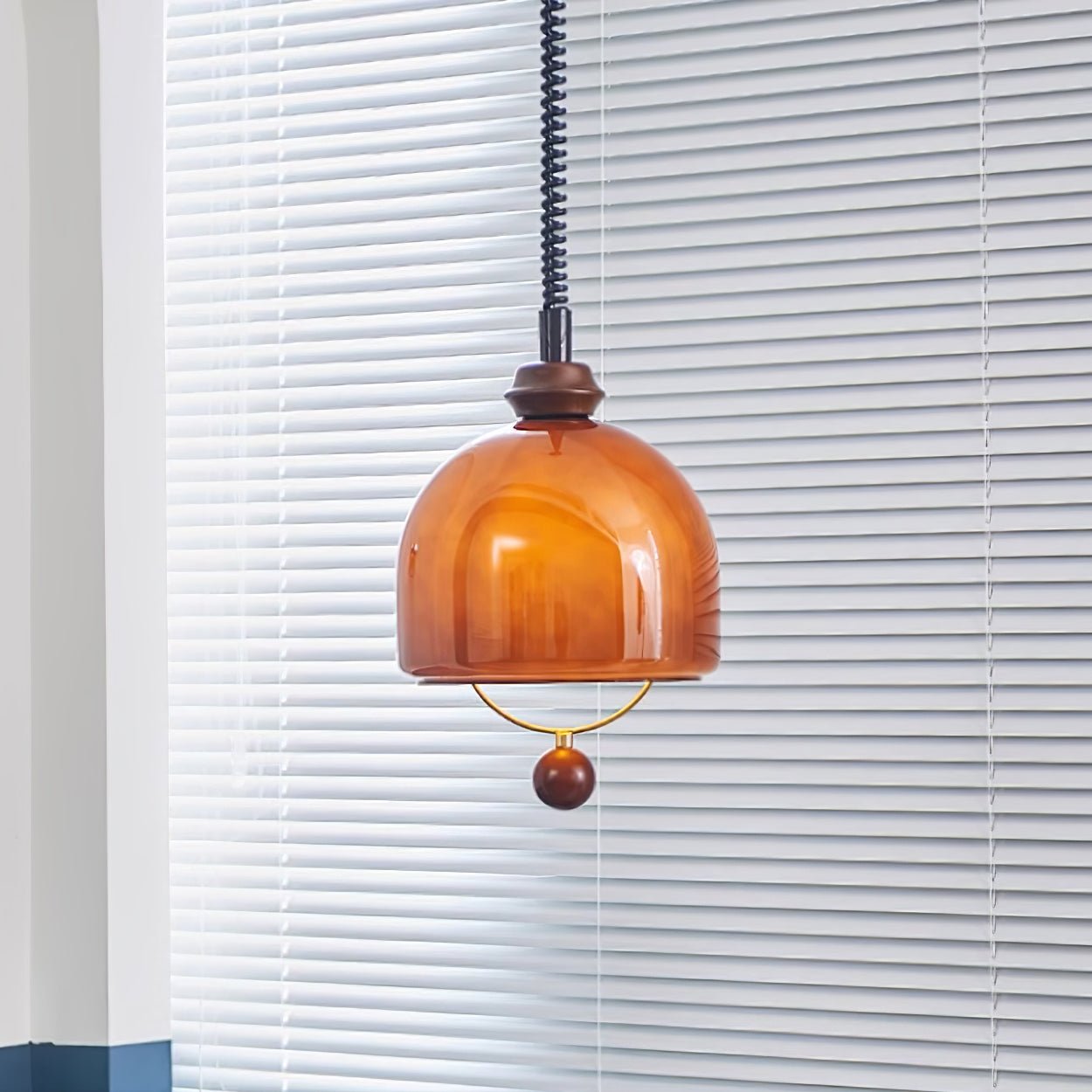 Amber Glass Dome Pendant Light with Walnut Wood Detail and Retractable Elastic Cord