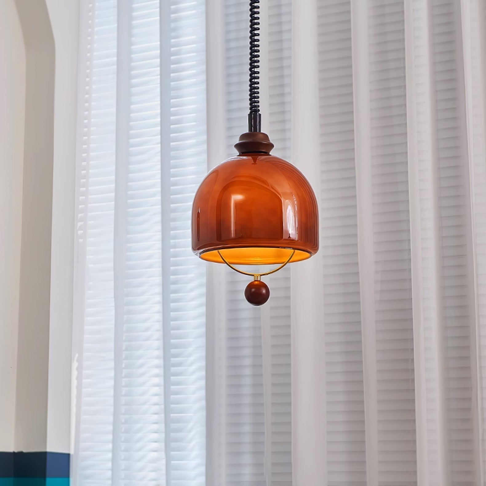 Amber Glass Dome Pendant Light with Walnut Wood Detail and Retractable Elastic Cord