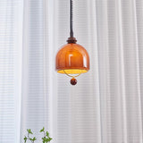 Amber Glass Dome Pendant Light with Walnut Wood Detail and Retractable Elastic Cord