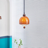 Amber Glass Dome Pendant Light with Walnut Wood Detail and Retractable Elastic Cord