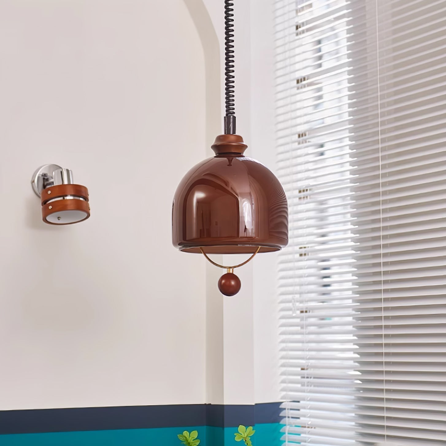 Amber Glass Dome Pendant Light with Walnut Wood Detail and Retractable Elastic Cord