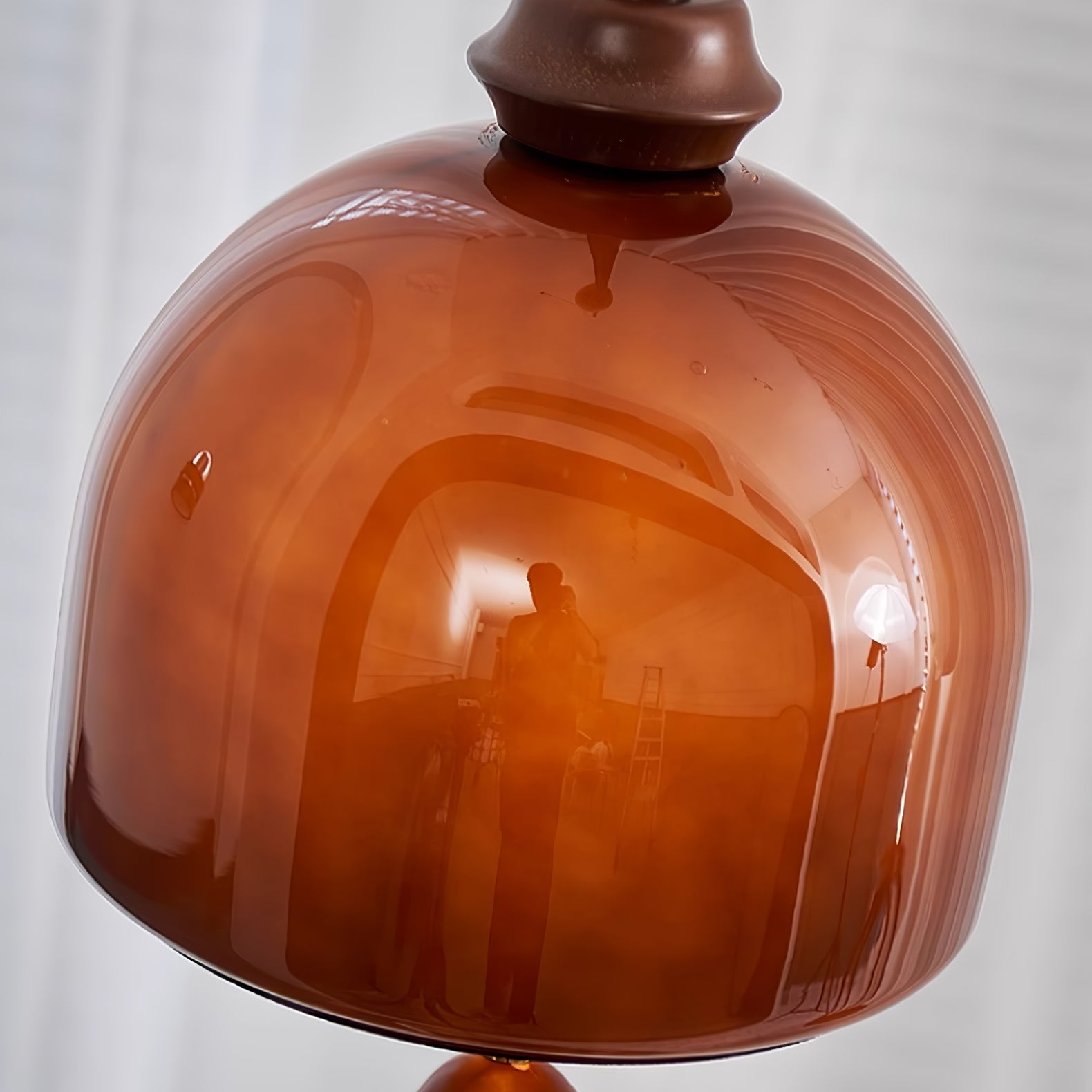 Amber Glass Dome Pendant Light with Walnut Wood Detail and Retractable Elastic Cord