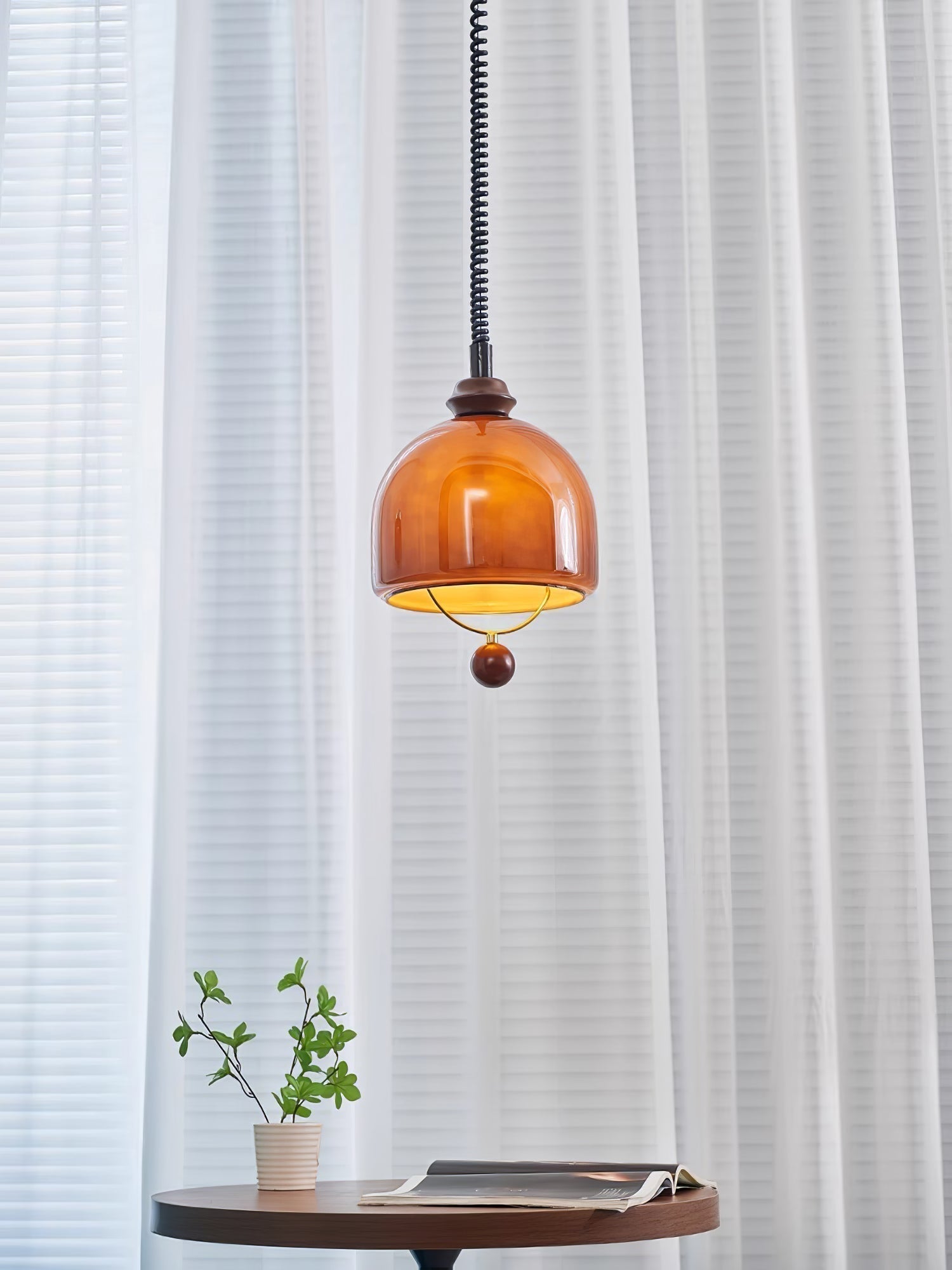 Amber Glass Dome Pendant Light with Walnut Wood Detail and Retractable Elastic Cord