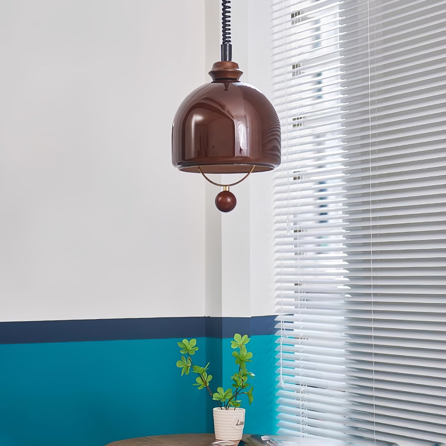 Amber Glass Dome Pendant Light with Walnut Wood Detail and Retractable Elastic Cord