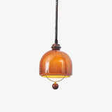 Amber Glass Dome Pendant Light with Walnut Wood Detail and Retractable Elastic Cord