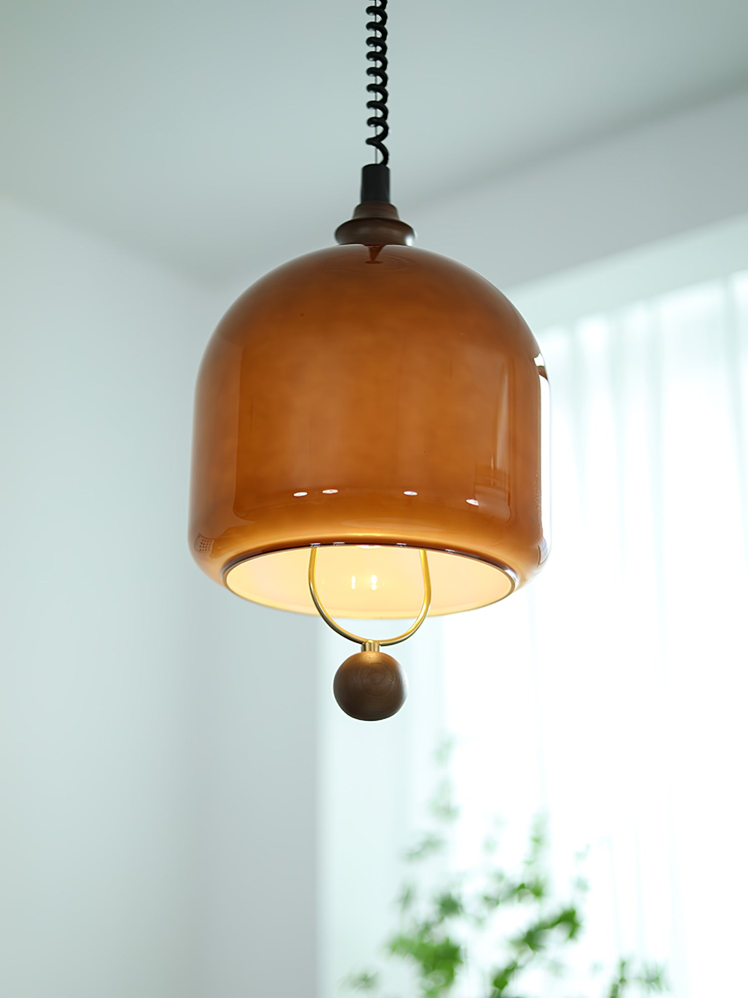 Amber Glass Dome Pendant Light with Walnut Wood Detail and Retractable Elastic Cord