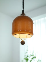 Amber Glass Dome Pendant Light with Walnut Wood Detail and Retractable Elastic Cord