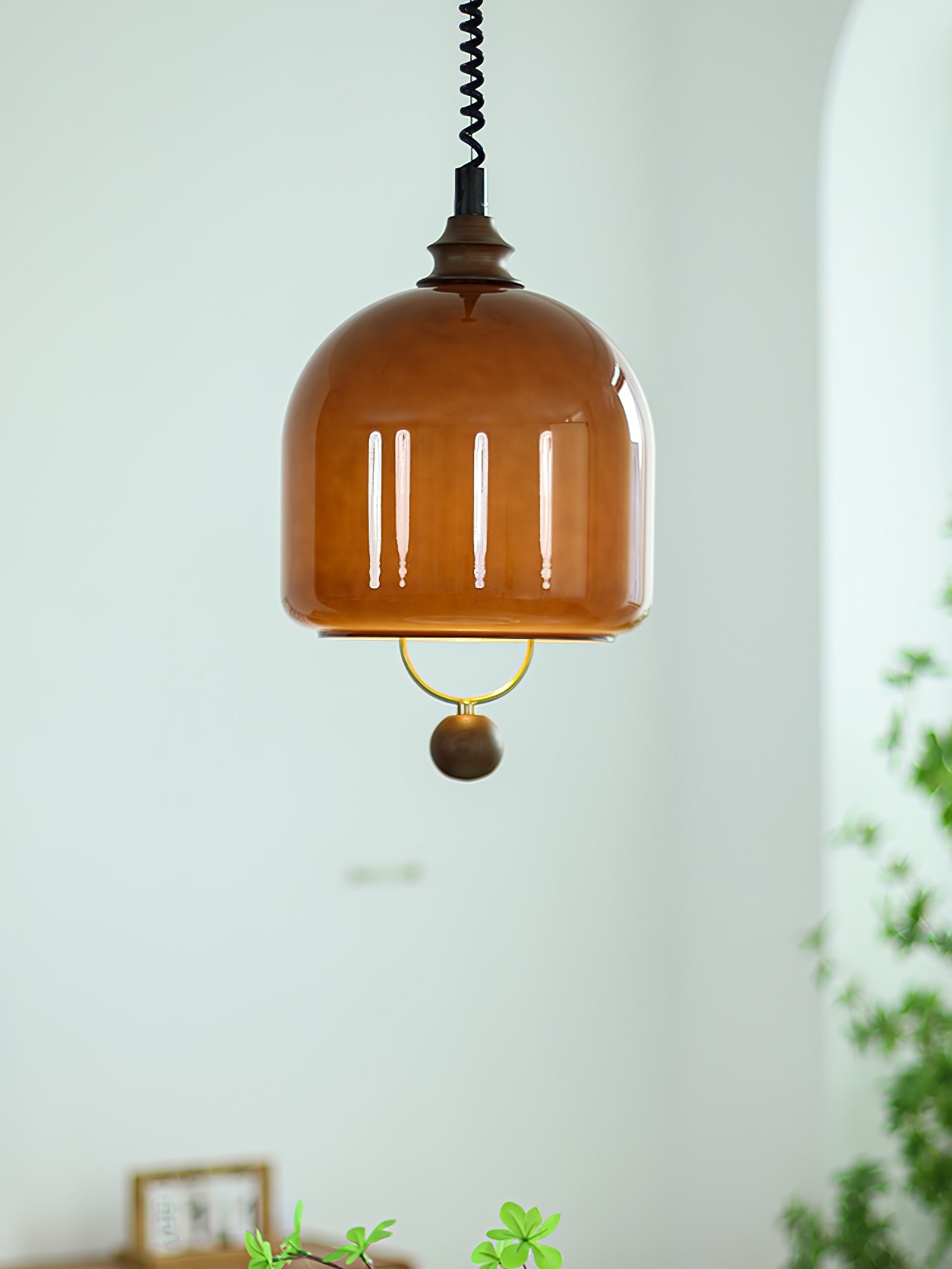 Amber Glass Dome Pendant Light with Walnut Wood Detail and Retractable Elastic Cord
