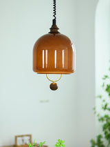 Amber Glass Dome Pendant Light with Walnut Wood Detail and Retractable Elastic Cord