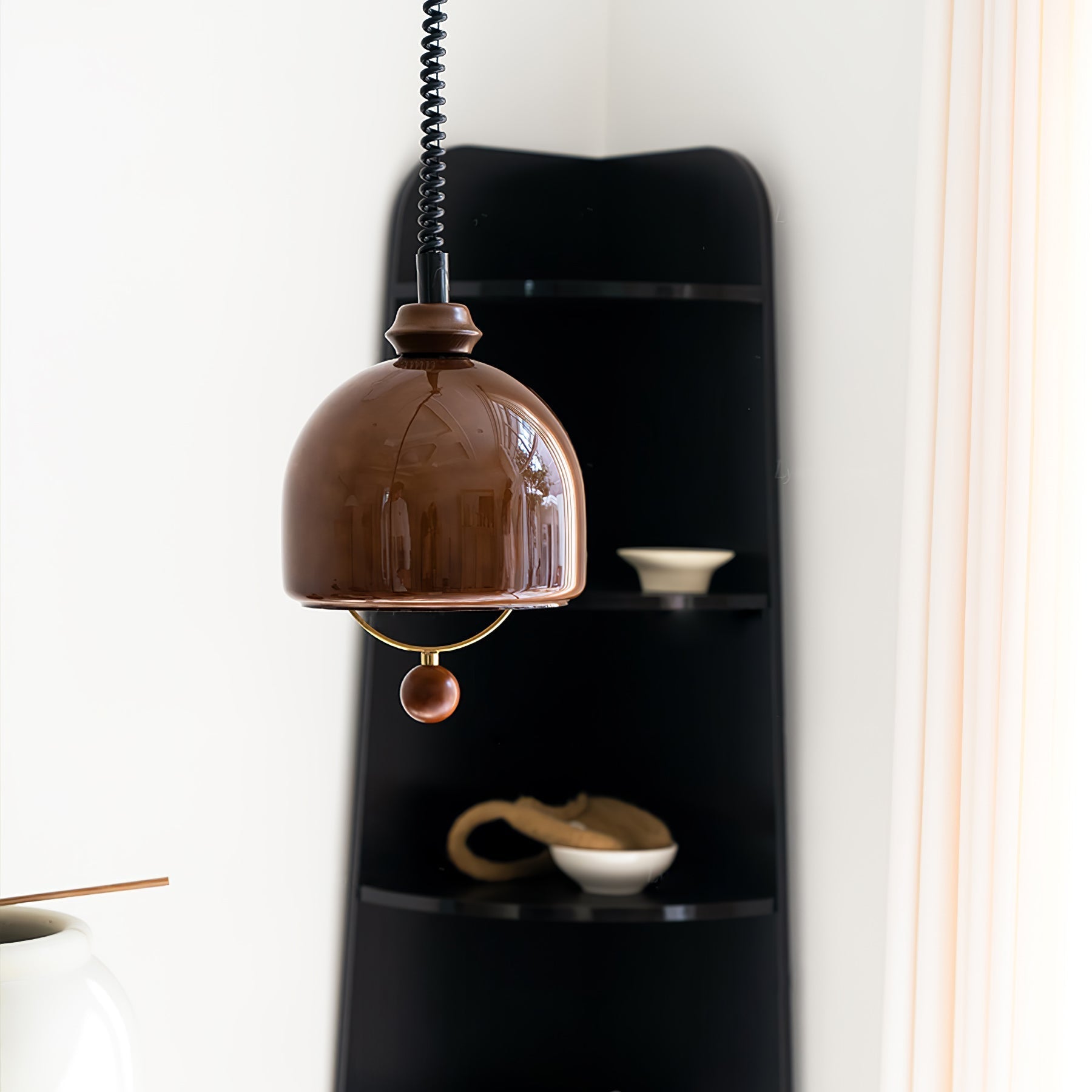 Amber Glass Dome Pendant Light with Walnut Wood Detail and Retractable Elastic Cord