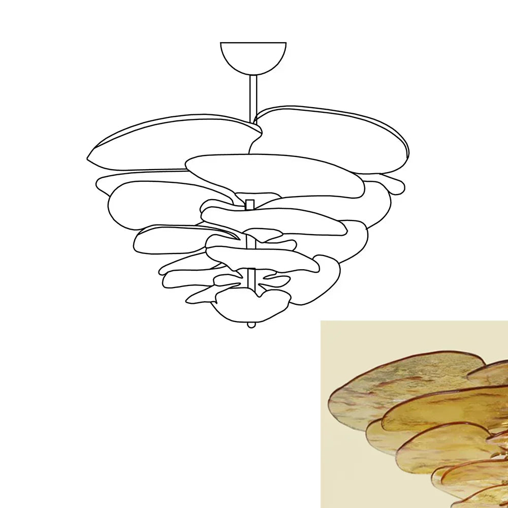 amber-glass-petal-chandelier-textured-leaf-design-modern-brass-ceiling-light-fixture
