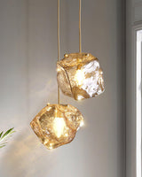 Amber Hand Blown Ice Glass Drop Pendant Light Fixture with Brass Finish