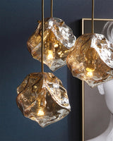 Amber Hand Blown Ice Glass Drop Pendant Light Fixture with Brass Finish