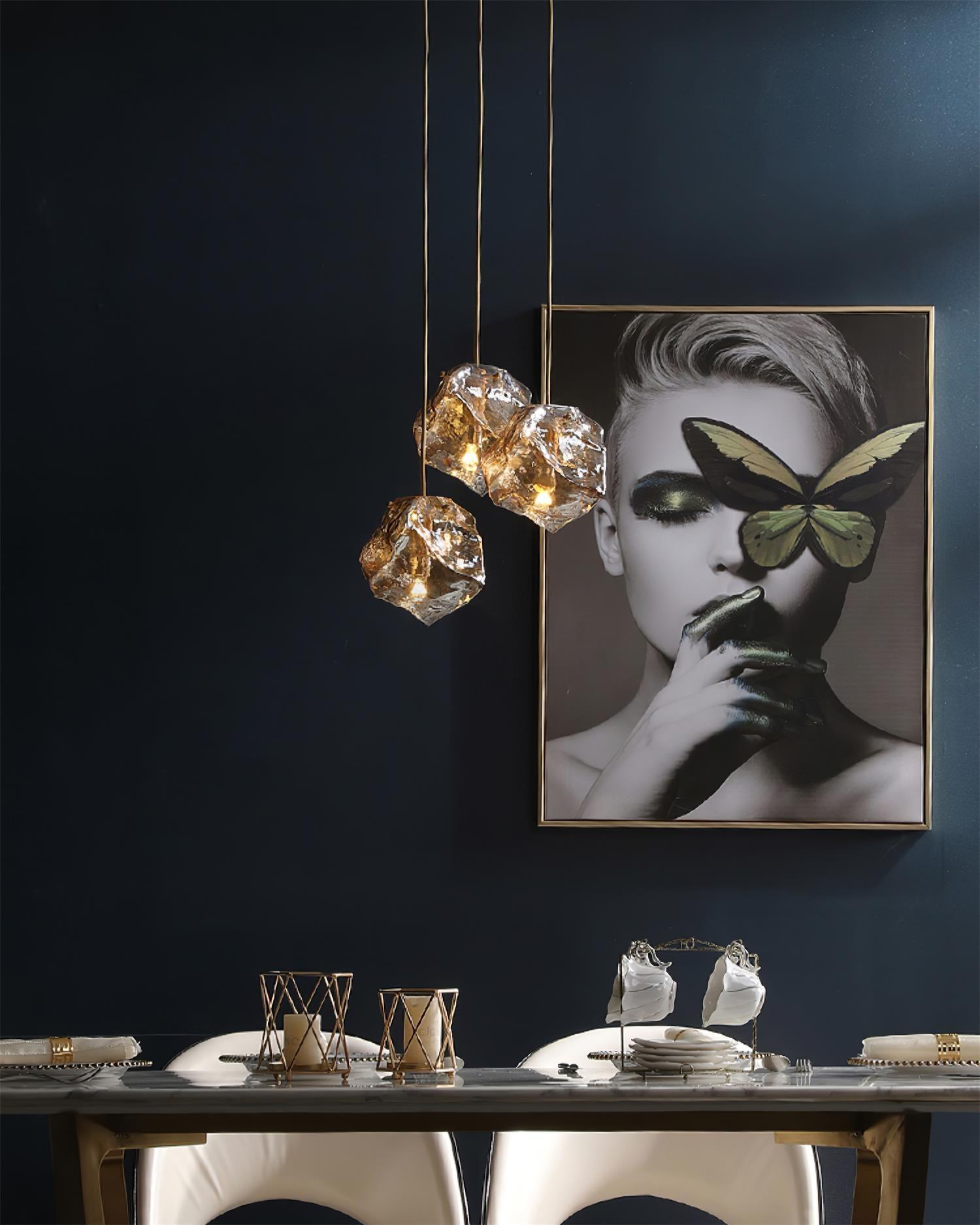 Amber Hand Blown Ice Glass Drop Pendant Light Fixture with Brass Finish