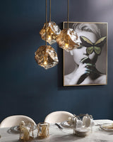 Amber Hand Blown Ice Glass Drop Pendant Light Fixture with Brass Finish