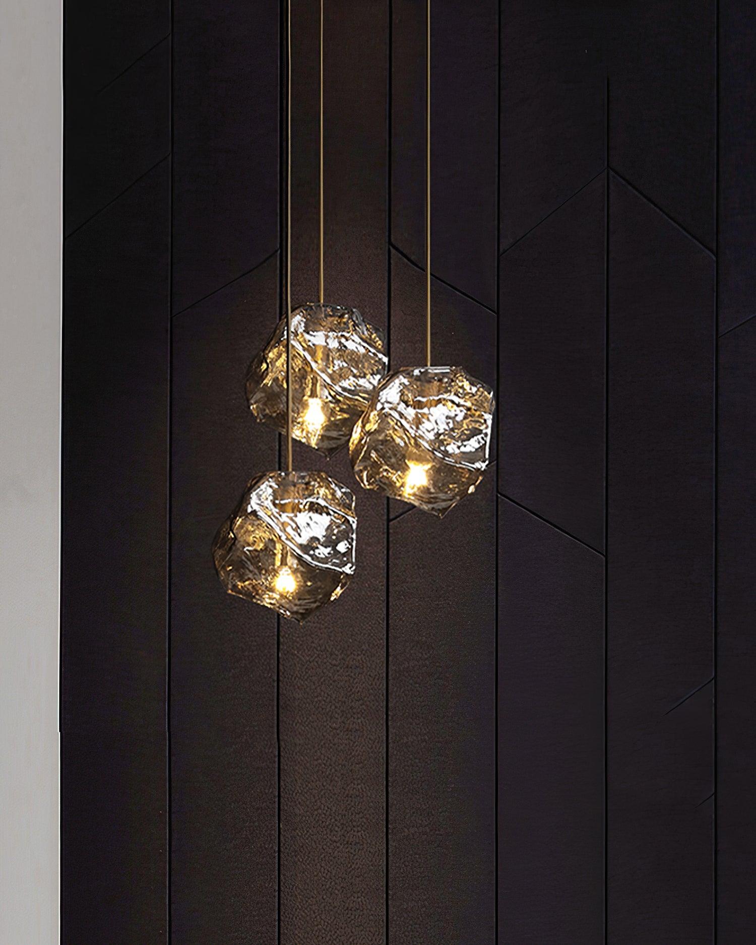 Amber Hand Blown Ice Glass Drop Pendant Light Fixture with Brass Finish