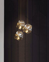 Amber Hand Blown Ice Glass Drop Pendant Light Fixture with Brass Finish