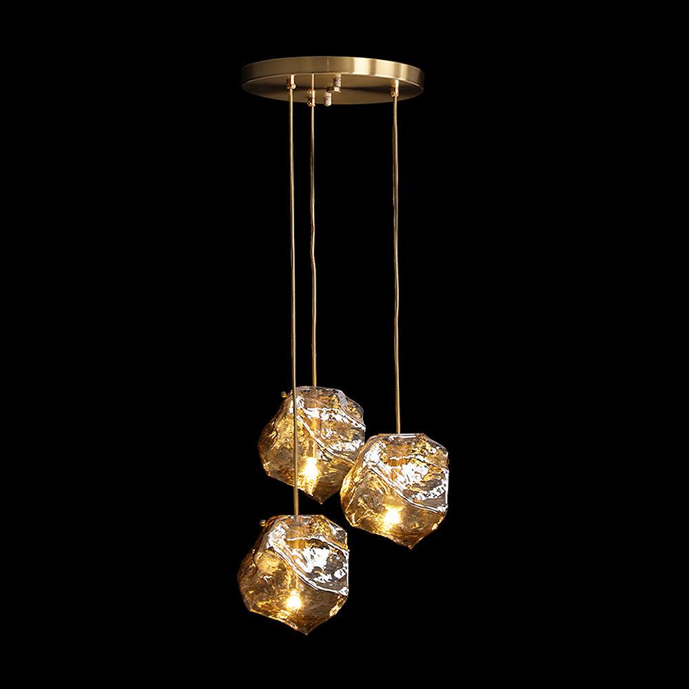 Amber Hand Blown Ice Glass Drop Pendant Light Fixture with Brass Finish