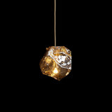 Amber Hand Blown Ice Glass Drop Pendant Light Fixture with Brass Finish