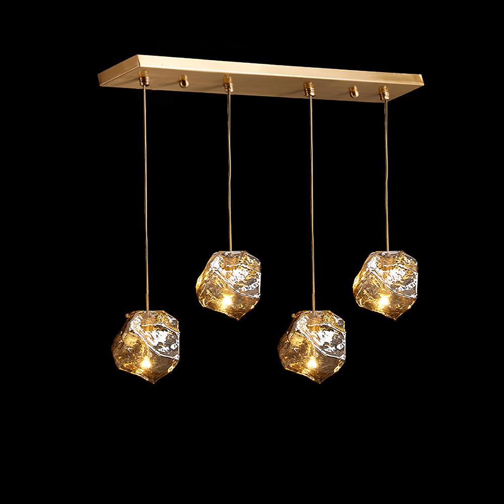 Amber Hand Blown Ice Glass Drop Pendant Light Fixture with Brass Finish