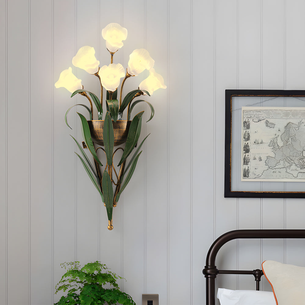 American Pastoral Floral Bouquet Wall Sconce Vintage Iron Leaf Glass Flower Light