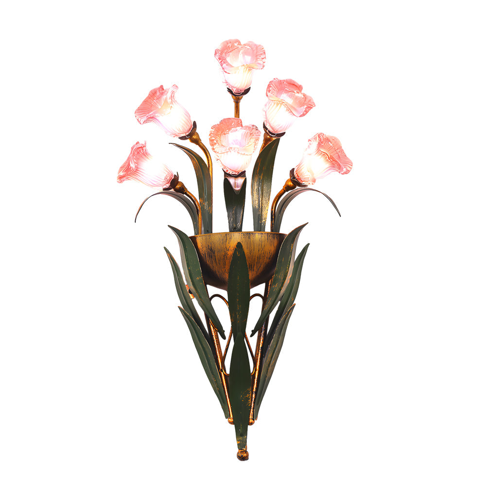 American Pastoral Floral Bouquet Wall Sconce Vintage Iron Leaf Glass Flower Light