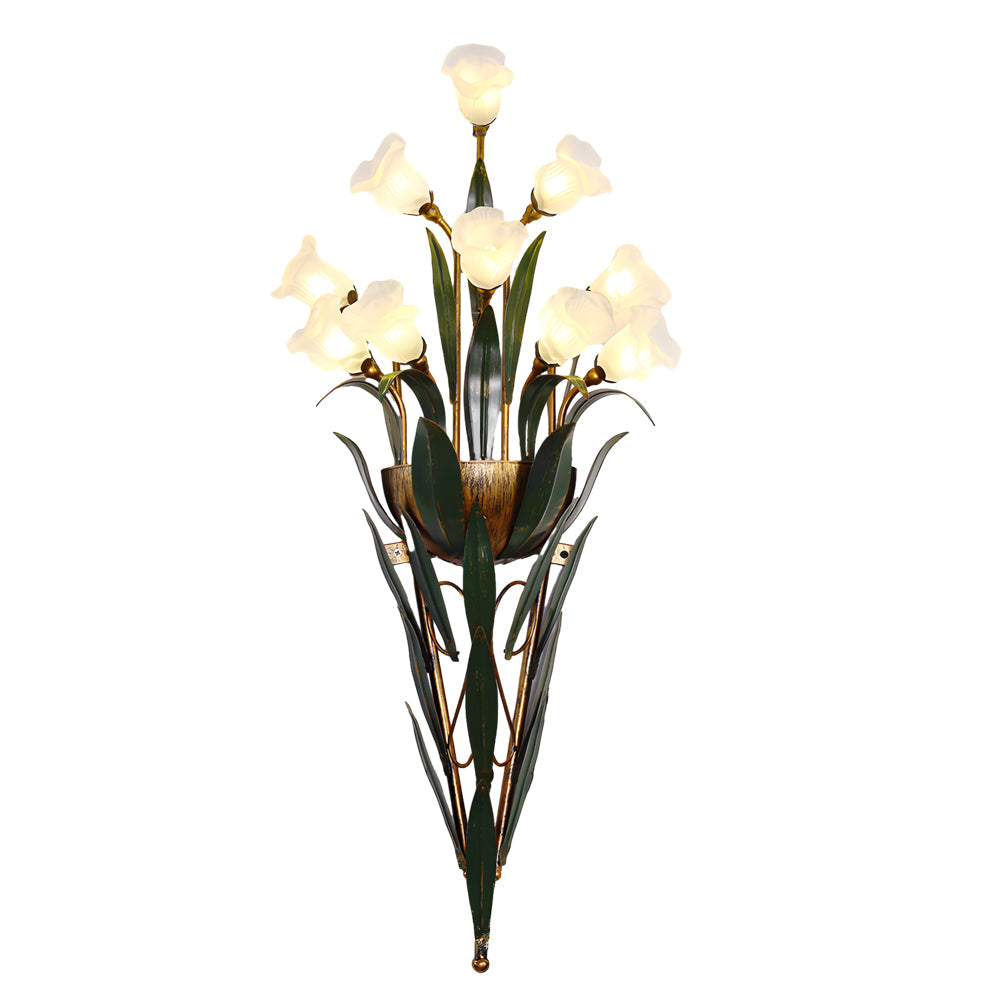 American Pastoral Floral Bouquet Wall Sconce Vintage Iron Leaf Glass Flower Light