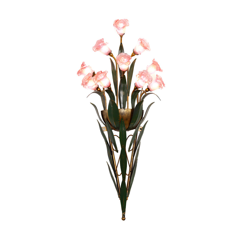 American Pastoral Floral Bouquet Wall Sconce Vintage Iron Leaf Glass Flower Light