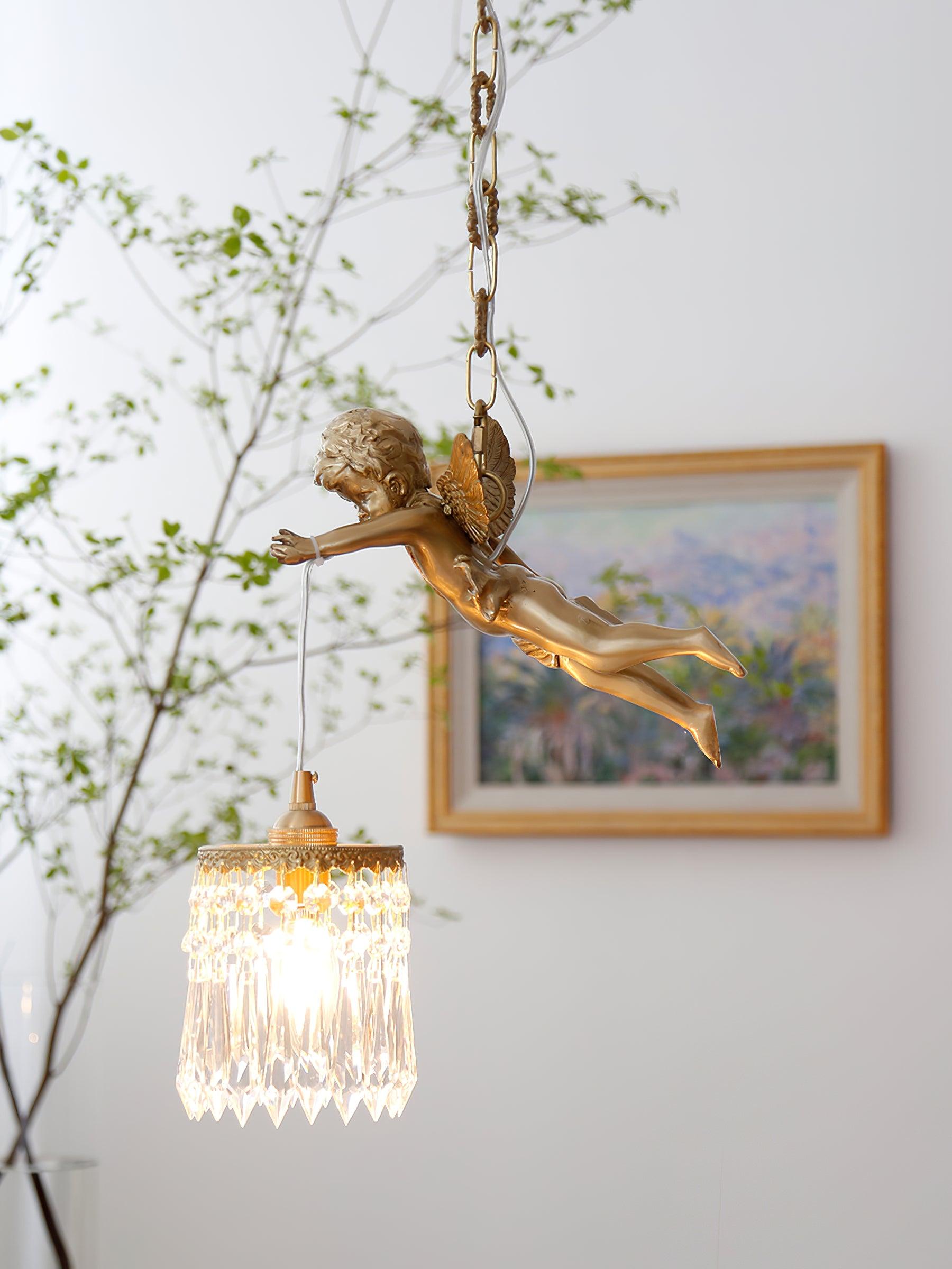 Antique Baroque Angel Crystal Pendant Light Brass Chandelier for Bedroom and Living Room