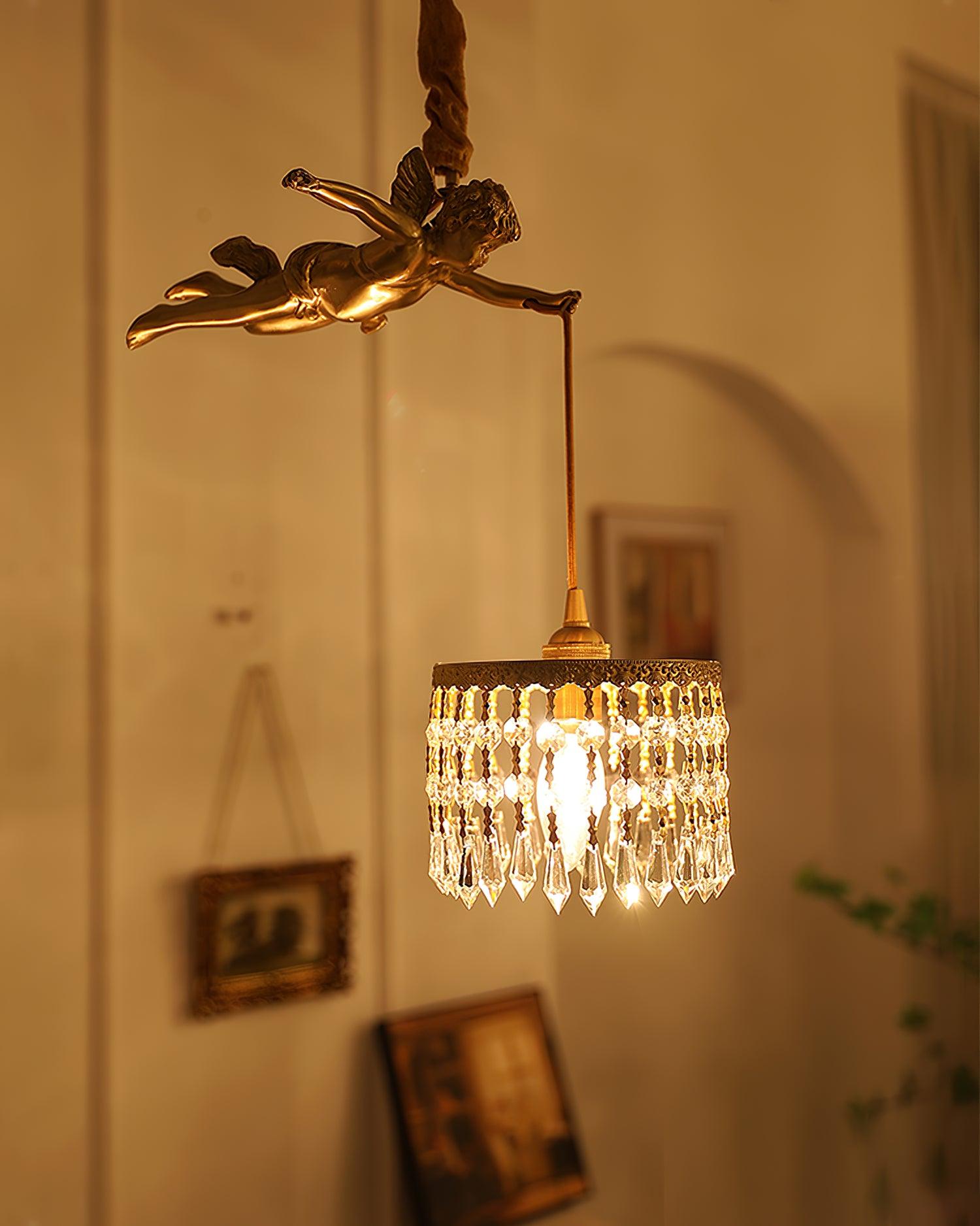 Antique Baroque Angel Crystal Pendant Light Brass Chandelier for Bedroom and Living Room