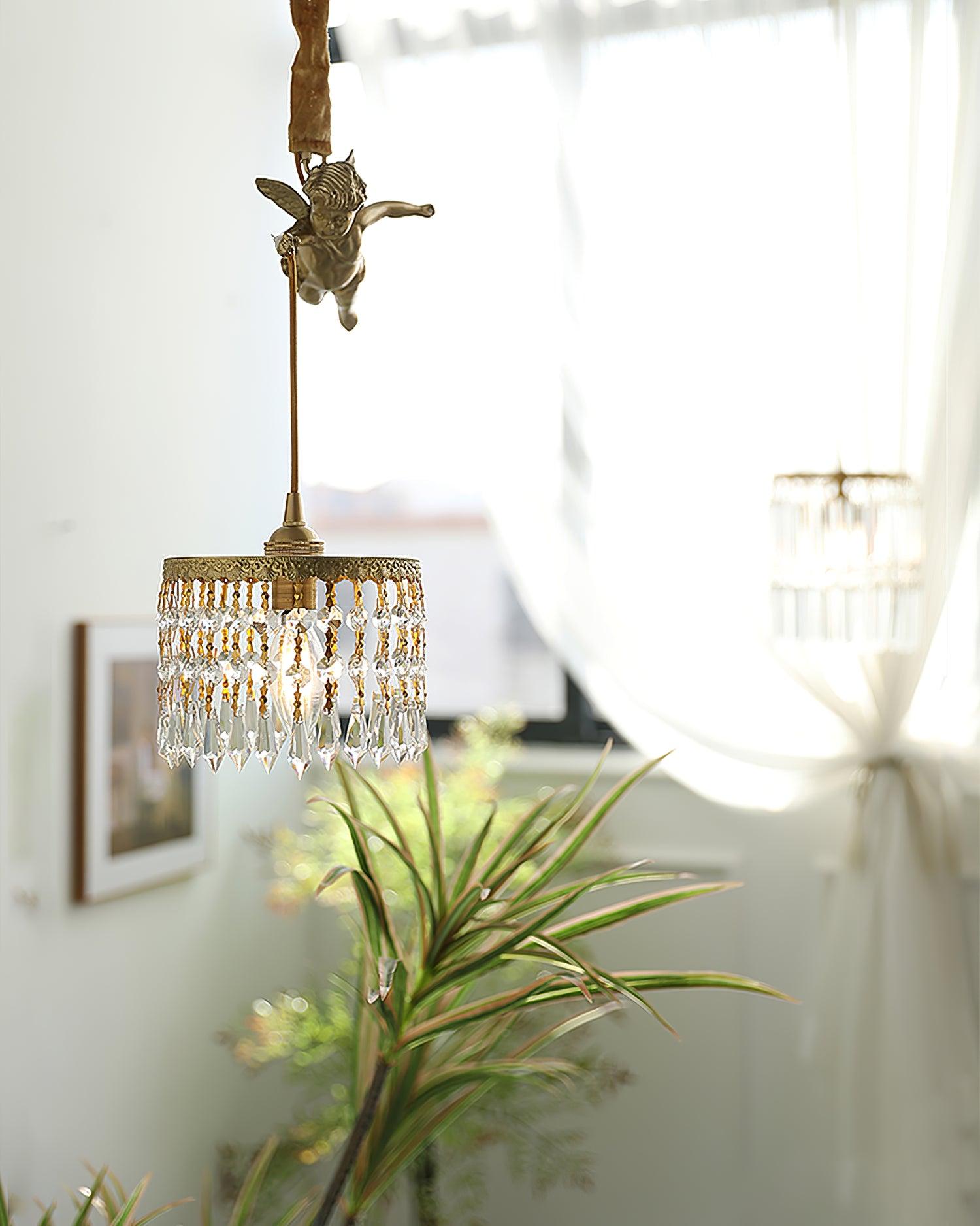 Antique Baroque Angel Crystal Pendant Light Brass Chandelier for Bedroom and Living Room