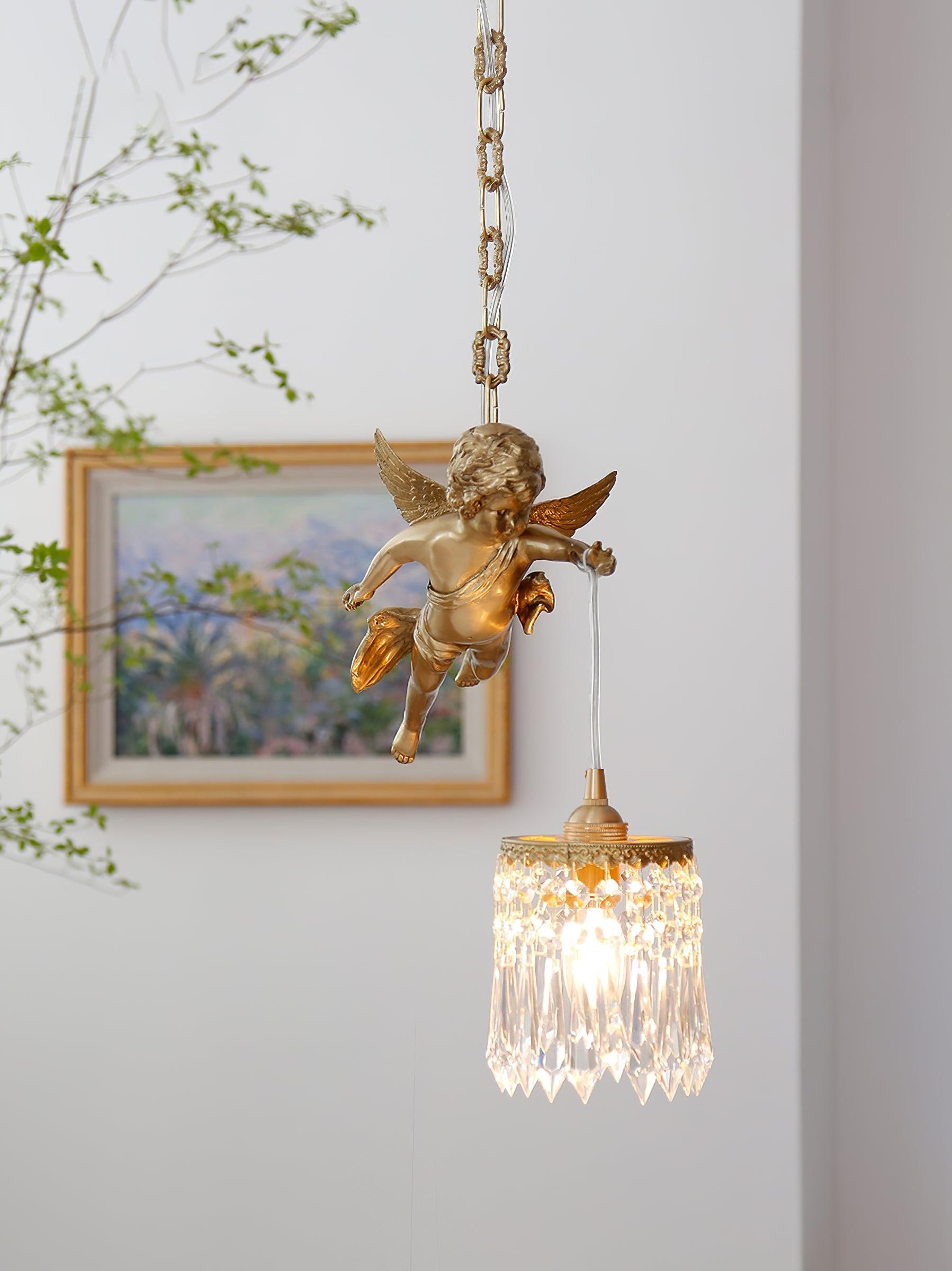 Antique Baroque Angel Crystal Pendant Light Brass Chandelier for Bedroom and Living Room