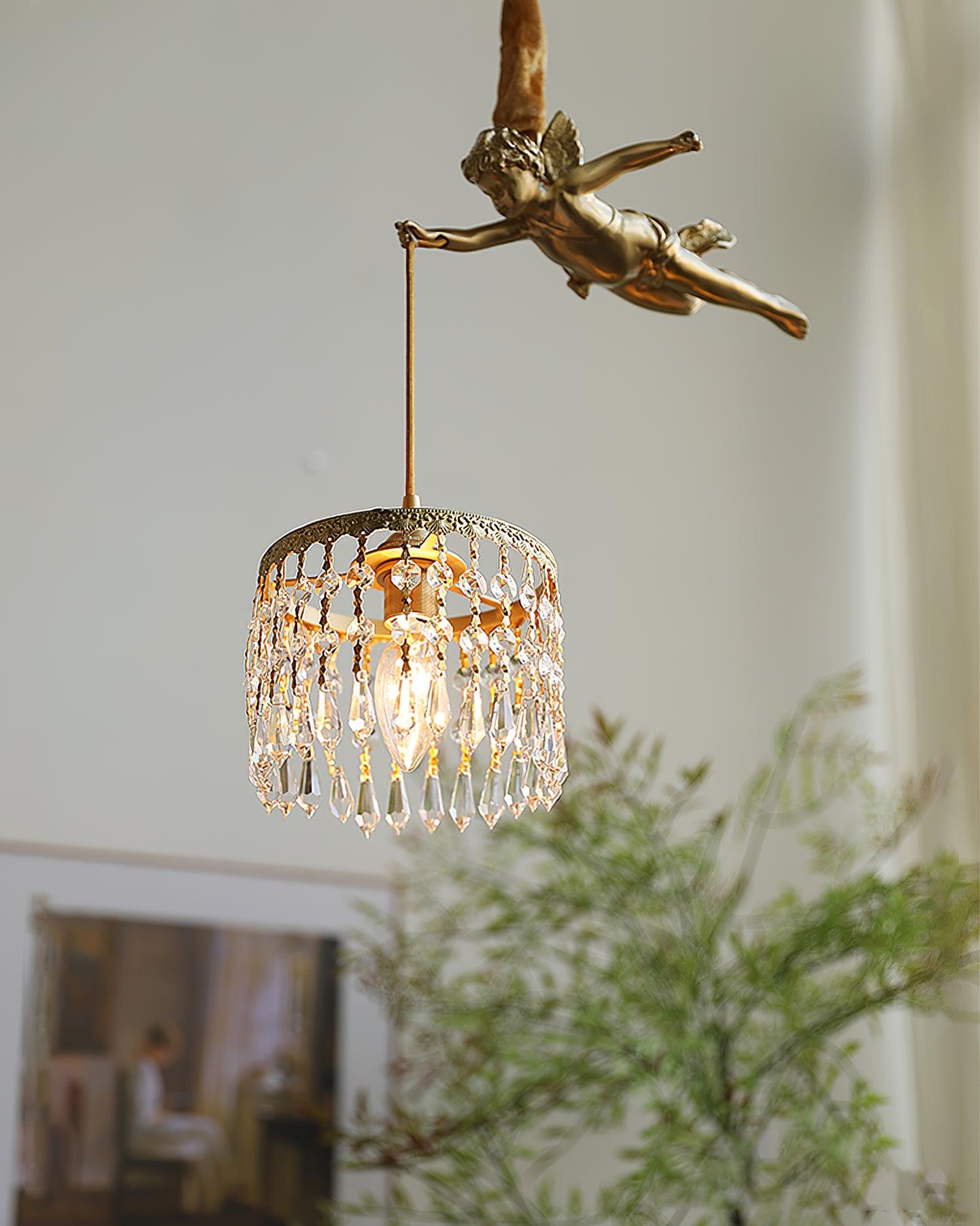 Antique Baroque Angel Crystal Pendant Light Brass Chandelier for Bedroom and Living Room