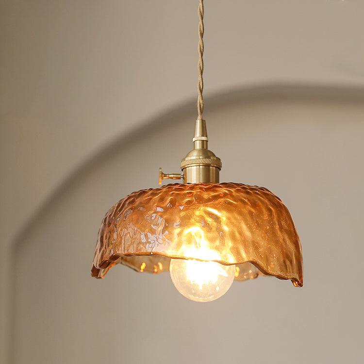 Antique Brass and Brown Glass Pendant Light Retro Amber Glass Shade Ceiling Hanging Lamp
