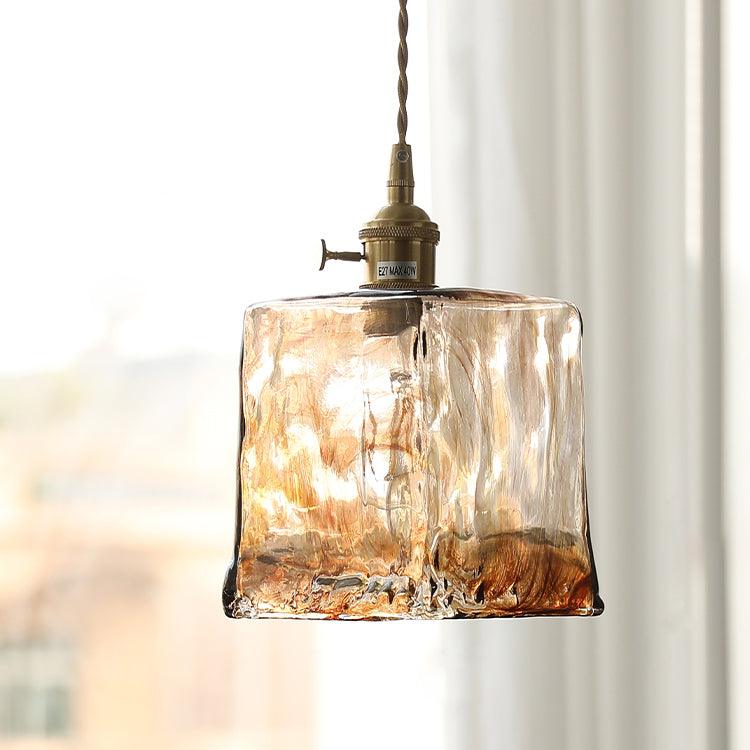 Antique Brass and Brown Glass Pendant Light Retro Amber Glass Shade Ceiling Hanging Lamp