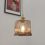 Antique Brass and Brown Glass Pendant Light Retro Amber Glass Shade Ceiling Hanging Lamp