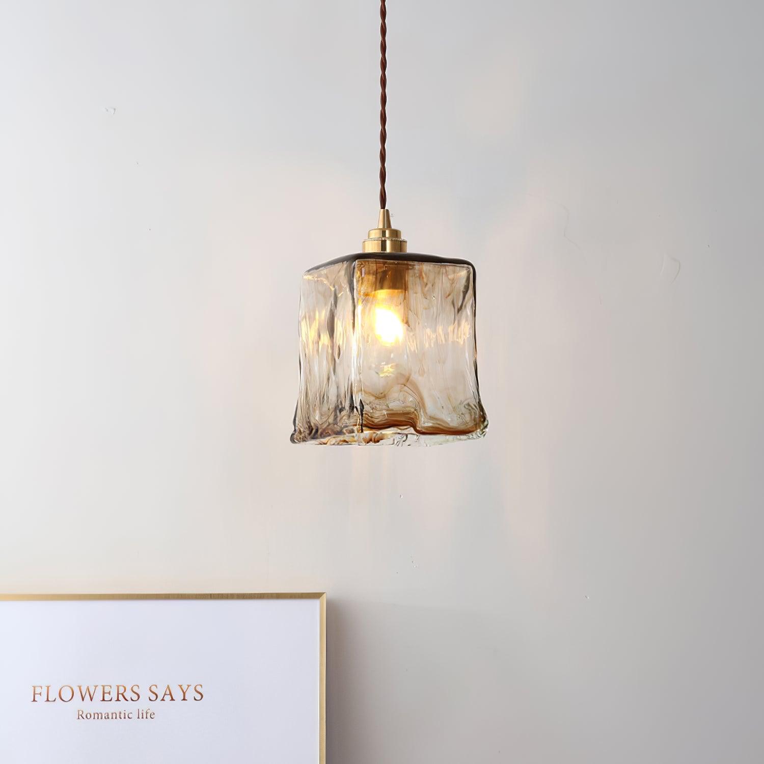 Antique Brass and Brown Glass Pendant Light Retro Amber Glass Shade Ceiling Hanging Lamp