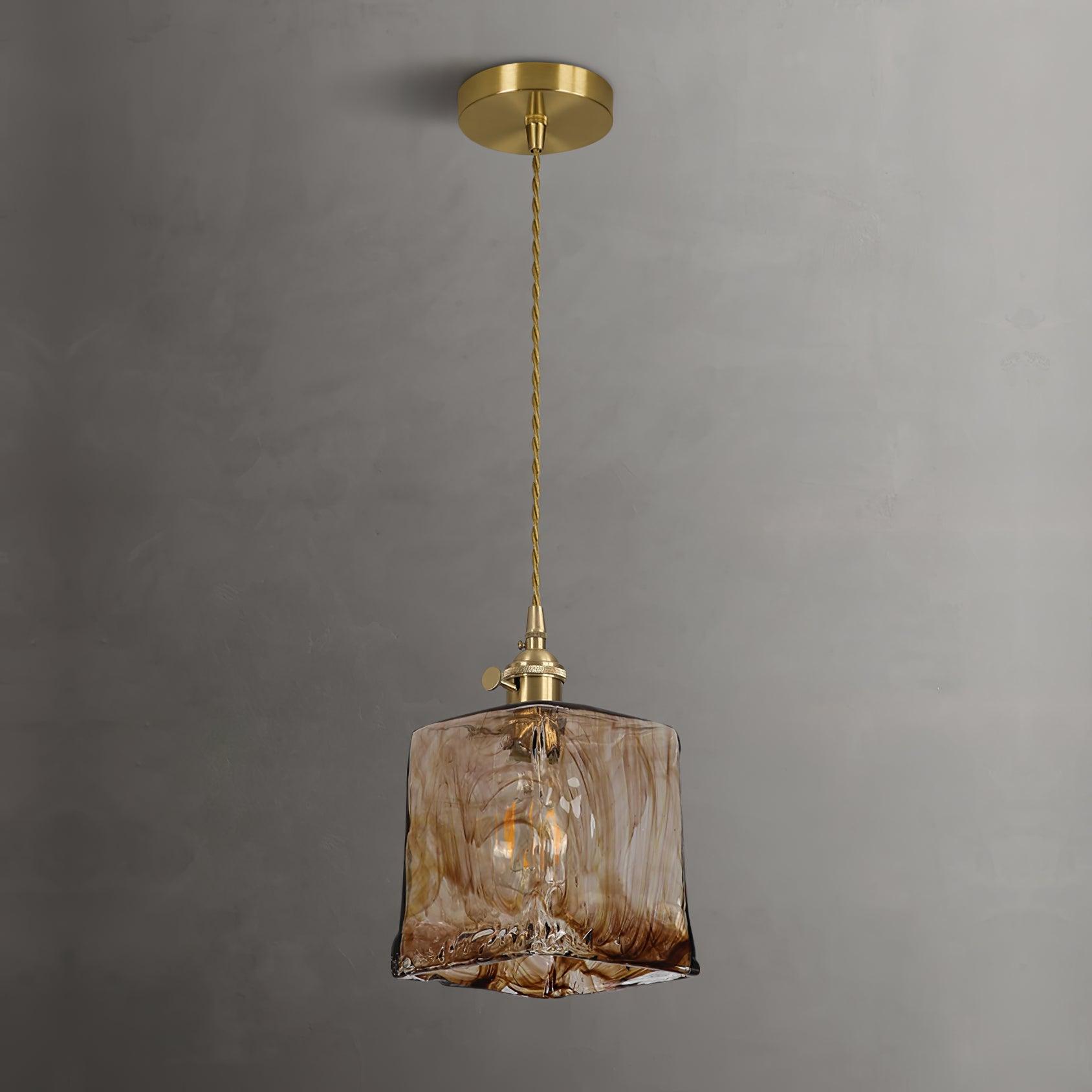 Antique Brass and Brown Glass Pendant Light Retro Amber Glass Shade Ceiling Hanging Lamp