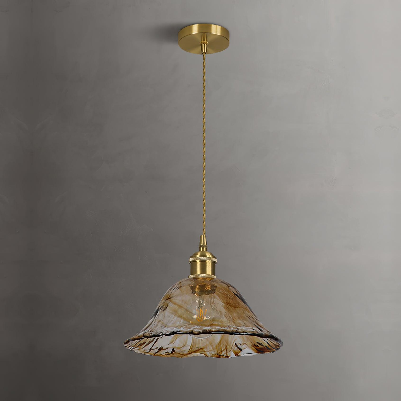 Antique Brass and Brown Glass Pendant Light Retro Amber Glass Shade Ceiling Hanging Lamp
