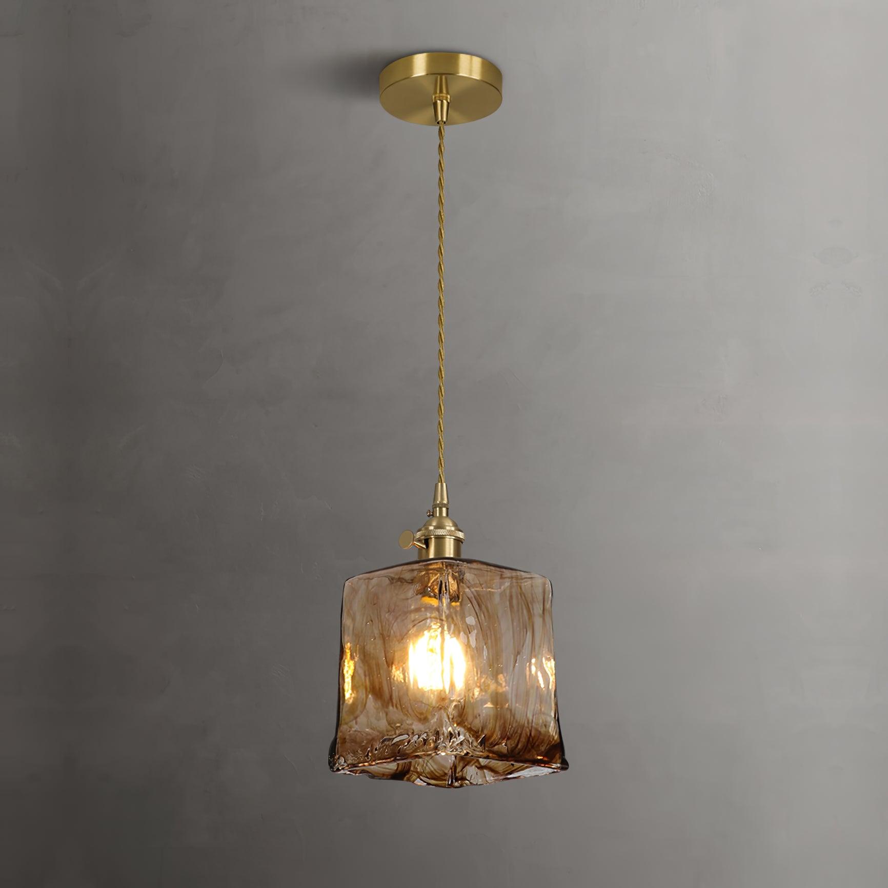 Antique Brass and Brown Glass Pendant Light Retro Amber Glass Shade Ceiling Hanging Lamp