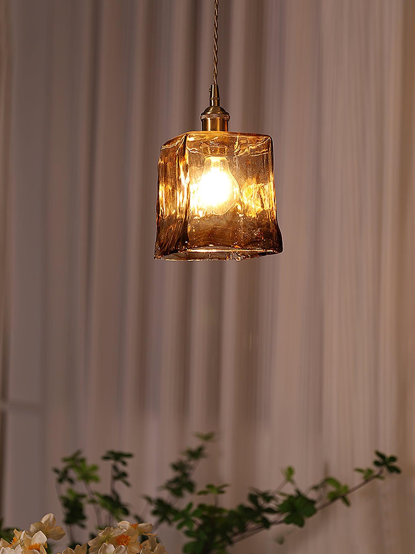 Antique Brass and Brown Glass Pendant Light Retro Amber Glass Shade Ceiling Hanging Lamp
