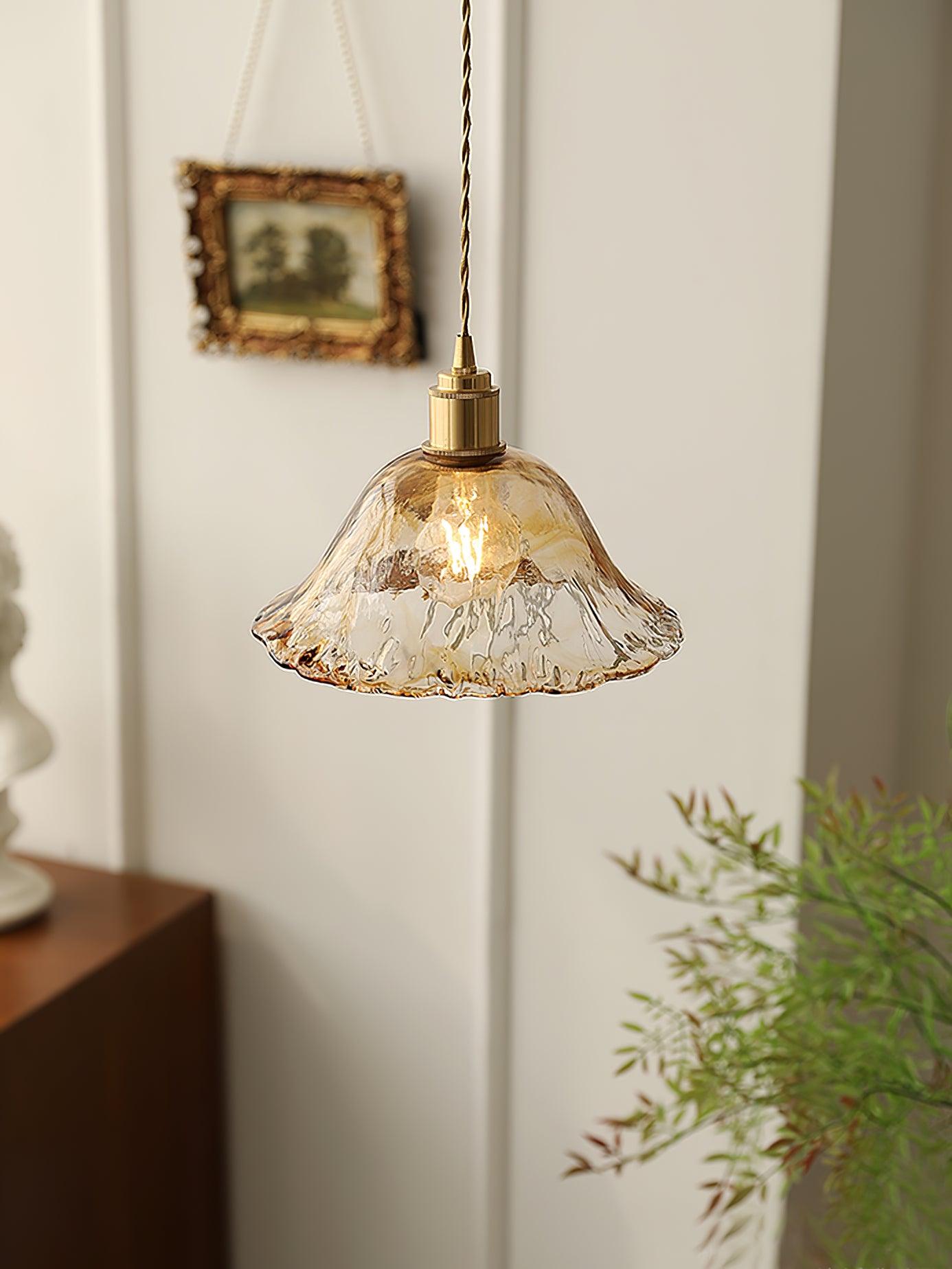 Antique Brass and Brown Glass Pendant Light Retro Amber Glass Shade Ceiling Hanging Lamp